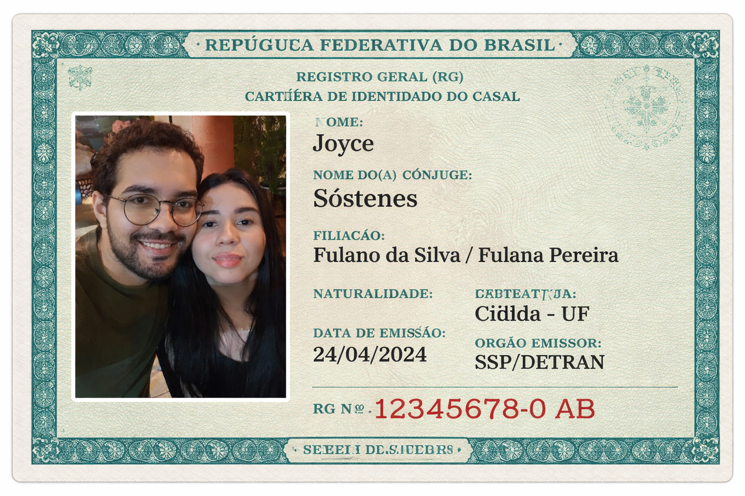 Exemplo real em estilo RG brasileiro com foto do casal
